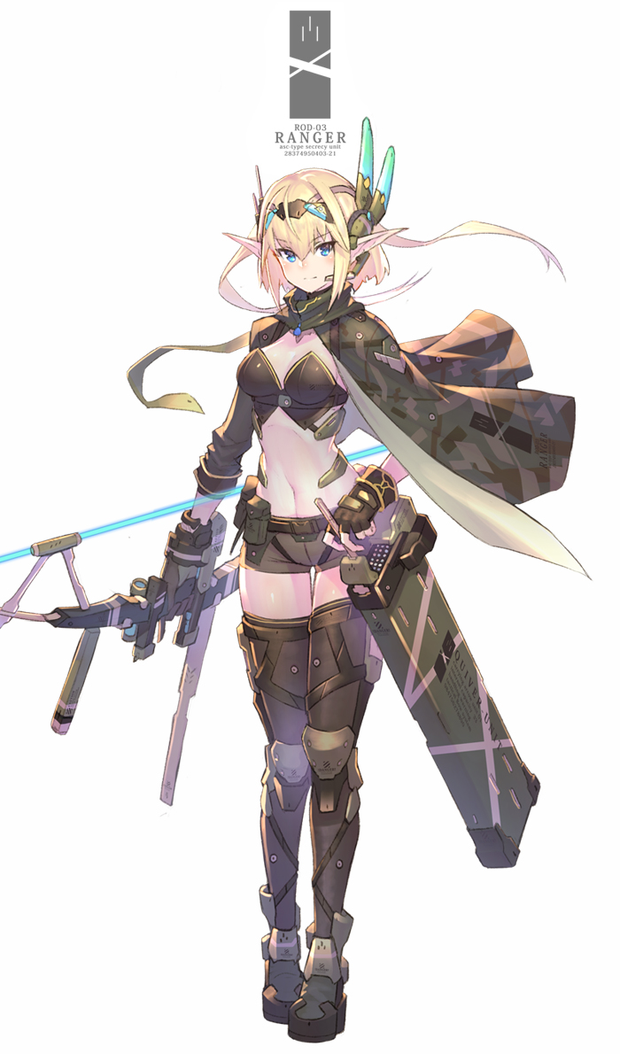 arrow belt blonde_hair blue_eyes bow_(weapon) breasts camouflage_print cape cleavage commentary_request compound_bow elf english fingerless_gloves full_body gloves green_cape green_gloves green_legwear green_shorts headset holding holding_bow_(weapon) holding_weapon long_sleeves looking_at_viewer mecha_musume midriff nadare-san_(nadare3nwm) navel original platform_footwear pointy_ears quiver short_hair short_shorts shorts simple_background sleeves_rolled_up small_breasts solo text_focus thighhighs utility_belt weapon white_background