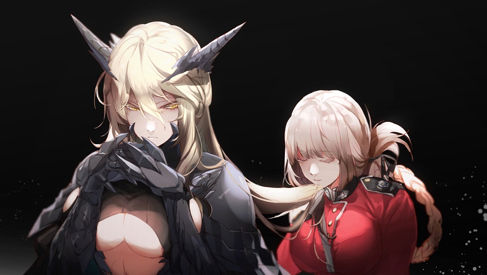 artoria_pendragon_(all) artoria_pendragon_(lancer_alter) bangs black_armor black_background black_ribbon blonde_hair braid breasts closed_eyes fate/grand_order fate_(series) florence_nightingale_(fate/grand_order) frown gauntlets gendou_pose hair_between_eyes hair_down hair_kiss hair_ribbon hands_clasped horns large_breasts long_hair multiple_girls no-kan own_hands_together pink_hair ribbon underboob yellow_eyes yuri