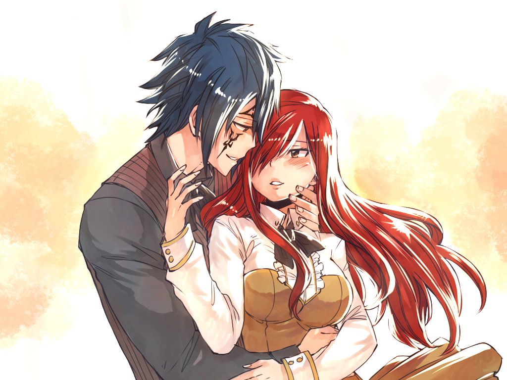 black_neckwear blue_hair blush bow bowtie brown_dress brown_eyes couple dress erza_scarlet eye_contact facial_mark fairy_tail floating_hair grin hair_over_one_eye hug hug_from_behind jellal_fernandes long_hair looking_at_another pleated_dress red_hair rusky shirt short_dress smile upper_body white_shirt