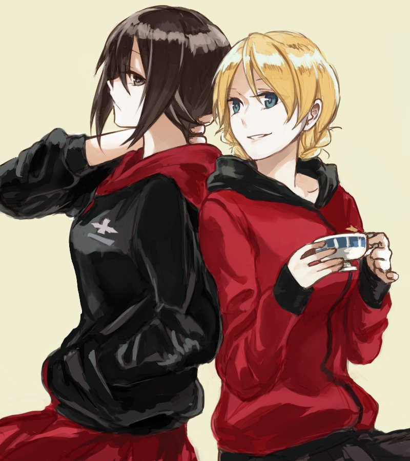 back-to-back bangs beige_background black_jacket black_skirt blonde_hair blue_eyes braid brown_eyes brown_hair closed_mouth commentary cup darjeeling emblem from_side frown girls_und_panzer hand_in_pocket hand_on_neck holding holding_cup hood hoodie jacket long_sleeves looking_at_another looking_back multiple_girls nishizumi_maho parted_lips red_jacket red_skirt short_hair simple_background skirt smile standing teacup tied_hair twin_braids upper_body yuuyu_(777) zipper