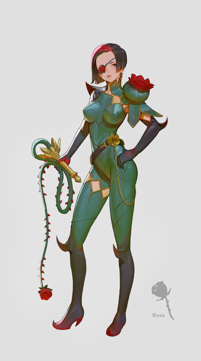 belt bodysuit breasts character_request commentary copyright_request english_commentary eyepatch flower full_body gloves hand_on_hip highres holding looking_at_viewer medium_breasts multicolored_hair rose short_hair solo spiked_boots standing tim_loechner white_background