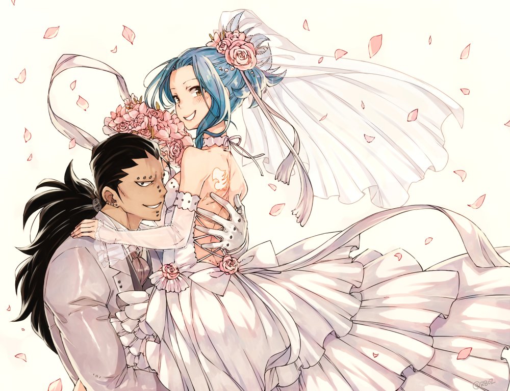 1girl blue_hair bouquet brown_eyes detached_sleeves dress ear_piercing fairy_tail flower formal gajeel_redfox grey_jacket grin hair_flower hair_ornament hand_on_another's_back hand_on_another's_shoulder holding holding_bouquet holding_person jacket layered_dress levy_mcgarden long_hair looking_at_viewer nail_polish nose_piercing petals piercing pink_flower pink_nails pink_rose ponytail ribbon rose rusky see-through signature simple_background sleeveless sleeveless_dress smile wedding_dress white_background white_ribbon