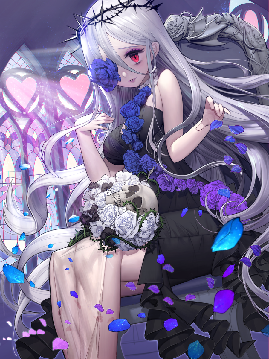 andante breasts crown evil_smile eyepatch flower hair_between_eyes highres long_hair looking_at_viewer original red_eyes rose sitting slit_pupils smile thorns throne white_hair