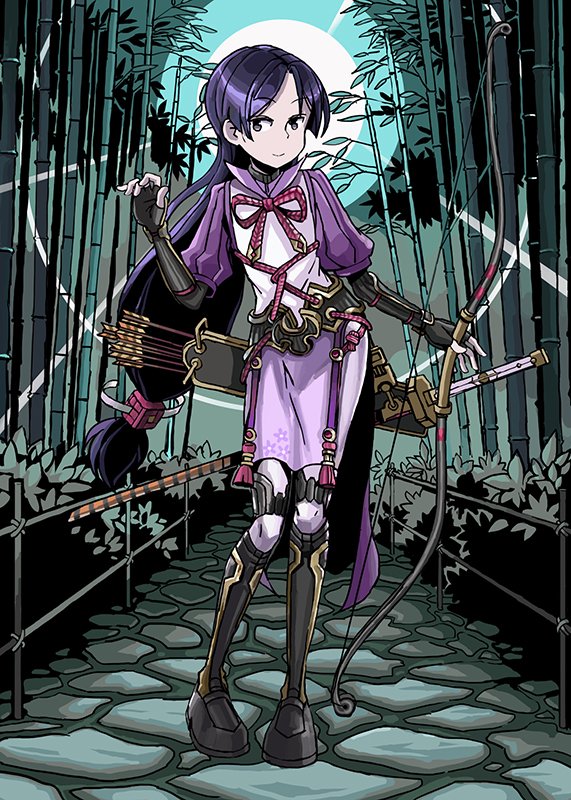 adrian_ferrer alternate_breast_size arrow bamboo bamboo_forest black_hair bow bow_(weapon) commentary fate/grand_order fate_(series) forest full_moon holding holding_bow_(weapon) holding_weapon katana long_hair low-tied_long_hair minamoto_no_raikou_(fate/grand_order) moon nature quiver sword weapon