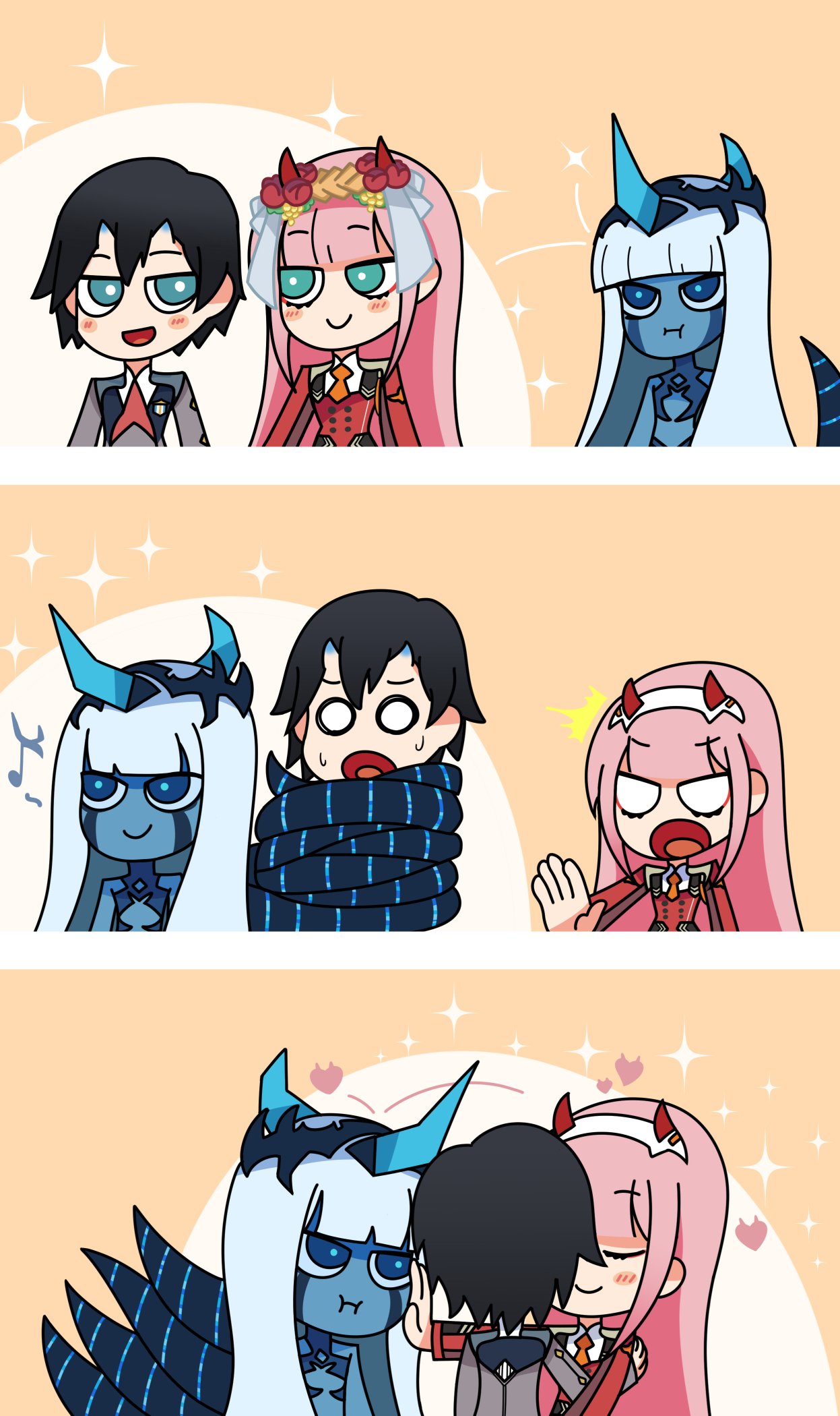 001_(darling_in_the_franxx) 1boy 2girls 3koma :t bangs black_hair blank_eyes blue_eyes blue_horns blue_skin blush_stickers chinese_commentary closed_eyes comic commentary_request couple darling_in_the_franxx english_commentary eyebrows_visible_through_hair facial_scar flower green_eyes hair_flower hair_ornament hairband hand_on_another's_face hand_on_another's_shoulder heart heater hetero highres hiro_(darling_in_the_franxx) horns hug jealous light_blue_hair long_hair long_sleeves looking_at_another mato_(mozu_hayanie)_(style) military military_uniform multiple_girls musical_note necktie netorare oni_horns orange_neckwear parody pink_hair pout red_horns red_neckwear scar silent_comic spoilers spoken_musical_note style_parody sweat tashidraw tentacles uniform white_hairband zero_two_(darling_in_the_franxx)