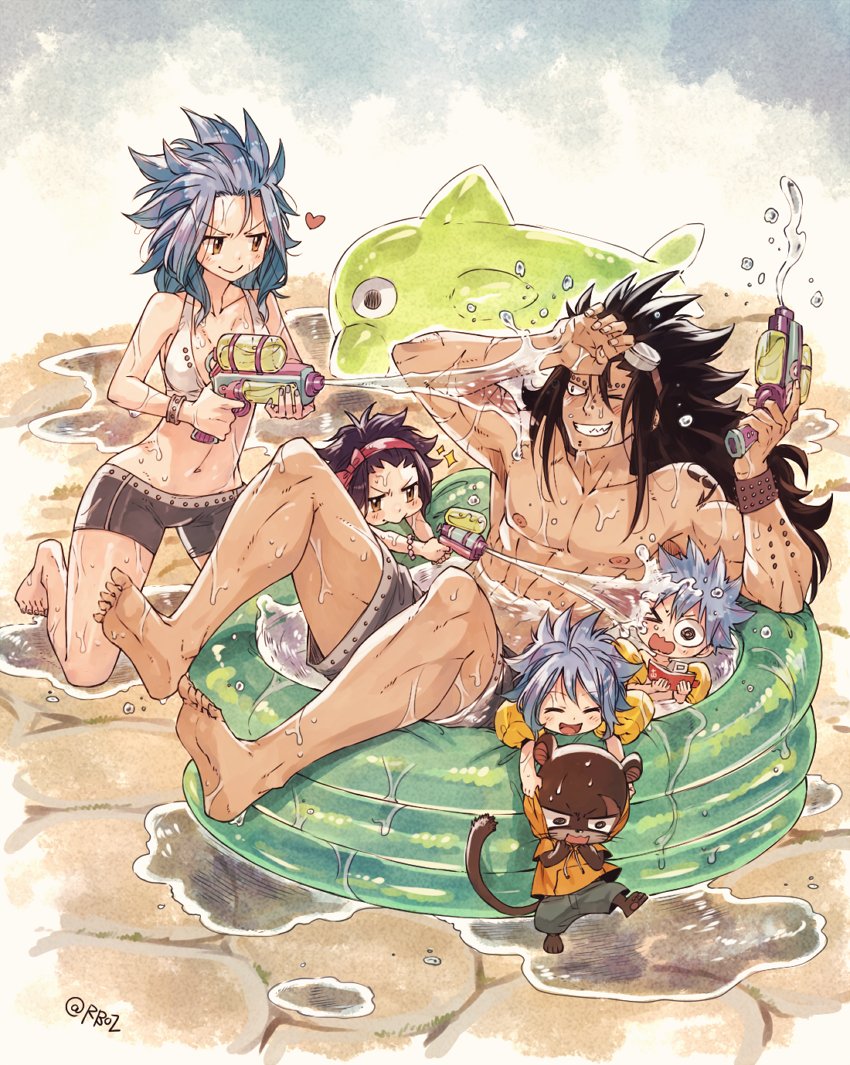 3girls ;d barefoot bikini_shorts black_hair black_shorts blue_hair breasts cleavage collarbone day fairy_tail gajeel_redfox goggles goggles_on_head grin gun hair_between_eyes hairband heart holding holding_gun holding_weapon kneeling levy_mcgarden long_hair multiple_boys multiple_girls navel nose_piercing one_eye_closed open_mouth outdoors pantherlily piercing red_hairband rusky shorts small_breasts smile swimwear water water_gun weapon white_bikini_top