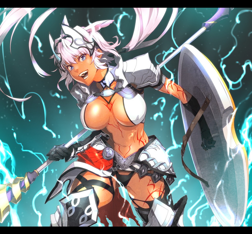 :d animal_ears armor black_gloves black_legwear blue_eyes breasts caenis_(fate) cleavage covered_nipples dark_skin fate/grand_order fate_(series) gauntlets gloves holding holding_shield holding_spear holding_weapon long_hair looking_at_viewer navel open_mouth polearm ponytail revealing_clothes sami_(object_dump) shield smile solo spear tattoo teeth thighhighs very_long_hair weapon white_hair