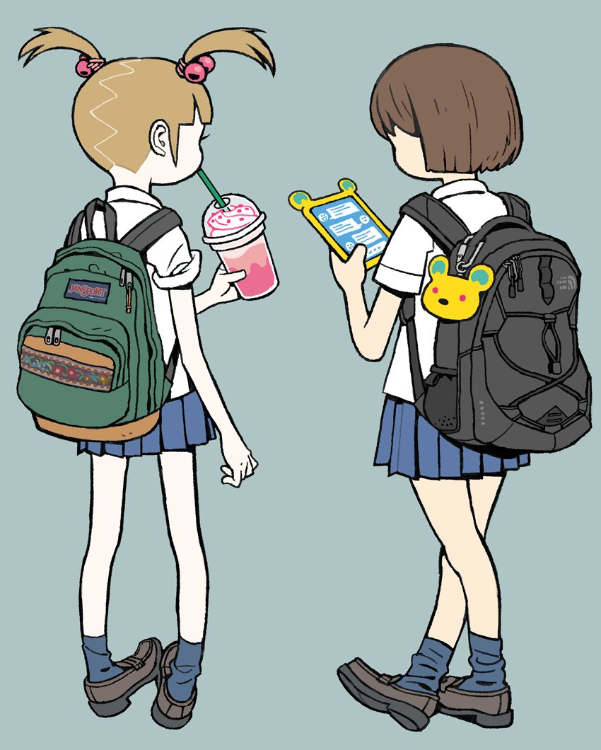 backpack bag bag_charm bangs blonde_hair blunt_bangs brown_hair cellphone charm_(object) collared_shirt crossed_legs cup drinking drinking_glass drinking_straw eyelashes facing_away holding holding_cup loafers multiple_girls original phone pigeon-toed pleated_skirt product_placement shirimoto shirt shoes short_hair simple_background skirt sleeves_rolled_up socks sprinkles texting twintails whipped_cream