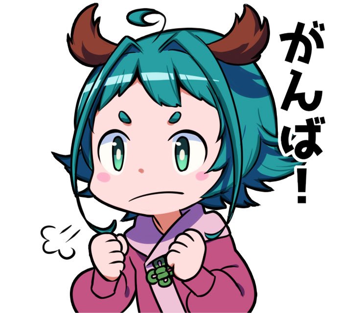 =3 ahoge animal_ears blush_stickers chibi clenched_hands commentary_request dress green_eyes green_hair hair_intakes hands_up kasodani_kyouko long_sleeves looking_at_viewer namauni pink_dress puffy_sleeves short_hair simple_background solo touhou translation_request upper_body white_background