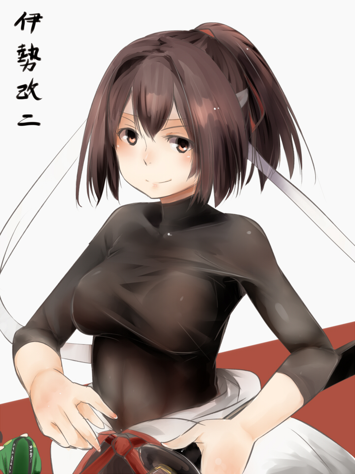 a akino_shuu breasts brown_eyes brown_hair character_name hachimaki hair_ribbon hairband headband ise_(kantai_collection) japanese_clothes kantai_collection large_breasts looking_at_viewer ponytail red_ribbon remodel_(kantai_collection) ribbon sheath sheathed short_hair simple_background skin_tight solo undershirt white_background white_hairband