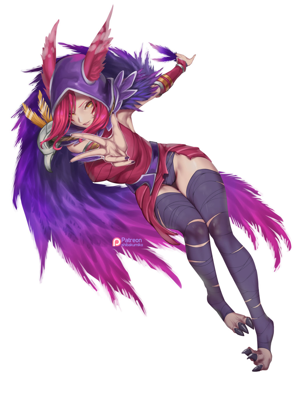 armpits bandaged_leg bandages breasts dress feather_trim full_body highres hood kumiko_shiba league_of_legends looking_at_viewer outstretched_arm pink_hair red_dress solo talons thigh_gap white_background xayah yellow_eyes