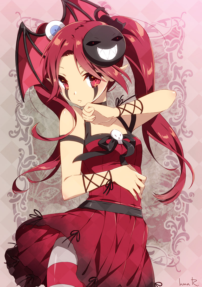 bare_arms bare_shoulders breasts commission dress hair_ornament inma looking_at_viewer markings original red_eyes red_hair short_dress small_breasts twintails