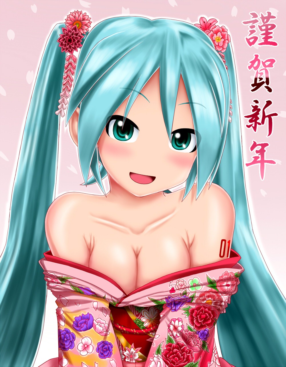 00s 1girl aqua_eyes aqua_hair bare_shoulders blush breasts cleavage floral_print gradient_background hair_flower hair_ornament hatsune_miku kazu-chan kimono long_hair matching_hair/eyes medium_breasts no_bra off_shoulder open_mouth petals solo tattoo text_focus translation_request twintails upper_body vocaloid