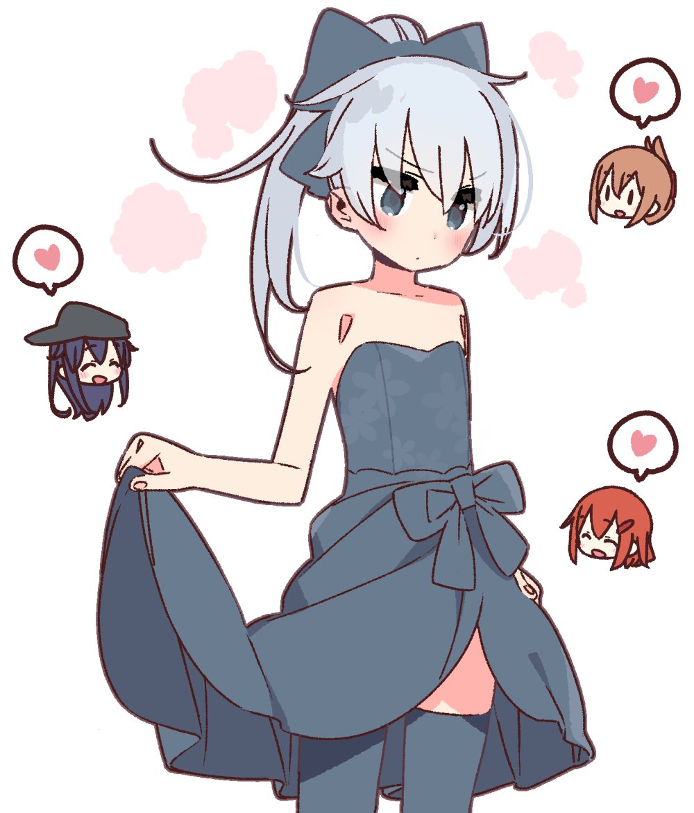 :d akatsuki_(kantai_collection) alternate_costume alternate_hairstyle bare_shoulders blue_eyes blush brown_hair closed_eyes commentary cowboy_shot dress floral_print folded_ponytail hair_ornament hairclip heart hibiki_(kantai_collection) ikazuchi_(kantai_collection) inazuma_(kantai_collection) kantai_collection long_hair multiple_girls open_mouth ponytail purple_hair sideways_hat skirt_hold smile spoken_heart thighhighs white_background white_hair yoru_nai