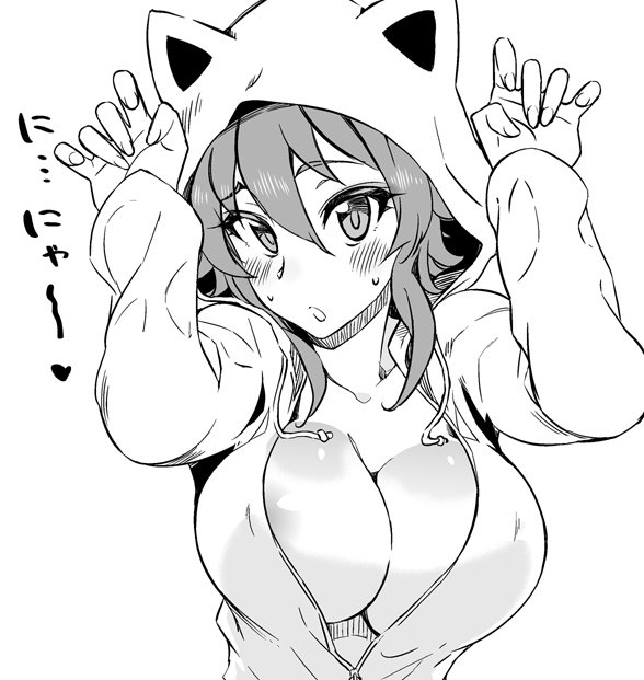 animal_ears animal_hood blush_stickers breasts cat_ears cleavage commentary_request greyscale hood hoodie kusanagi_tonbo large_breasts monochrome original solo