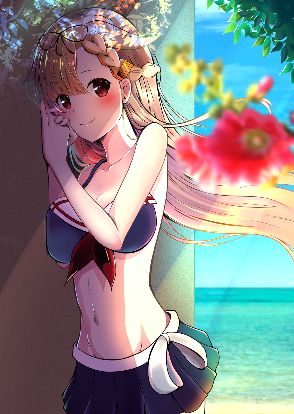 against_wall alternate_costume amagami_(makise_tsubaki) bangs beach bikini_skirt black_ribbon blonde_hair blue_sky blurry_foreground blush braid breasts cleavage cloud collarbone commentary_request day eyebrows_visible_through_hair front-tie_bikini front-tie_top groin hair_flaps hair_ornament hair_ribbon hairclip highres kantai_collection long_hair looking_at_viewer md5_mismatch ocean outdoors palm_leaf red_eyes remodel_(kantai_collection) ribbon sand shade side_braid sidelocks sky smile solo stomach yuudachi_(kantai_collection)