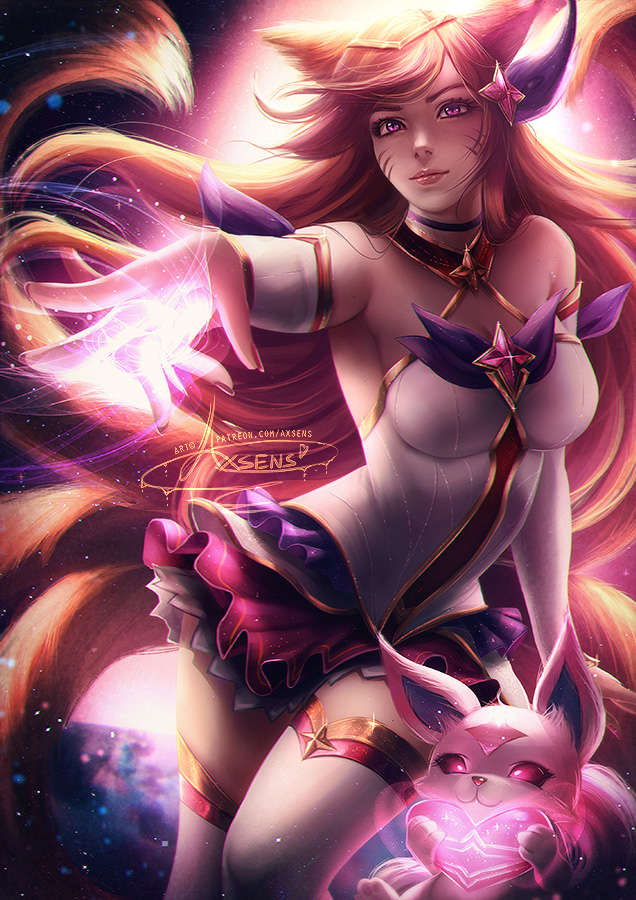 alexandra_mae animal_ears banned_artist blonde_hair breasts choker cleavage detached_sleeves facial_mark foreshortening fox fox_ears fox_girl fox_tail hair_ornament halterneck heart large_breasts league_of_legends lips long_hair looking_at_viewer magic magical_girl miniskirt multiple_tails pink_eyes signature skirt sparkle star_guardian_ahri tail thighhighs watermark web_address whisker_markings zettai_ryouiki