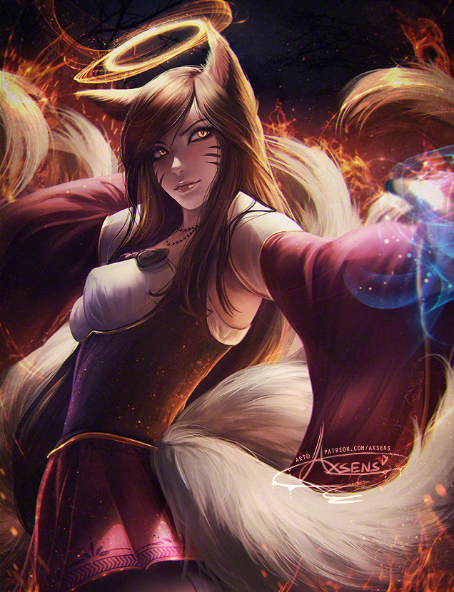 ahri alexandra_mae animal_ears banned_artist bead_necklace beads breasts brown_hair eyeliner facial_mark fire foreshortening fox_ears fox_girl fox_tail from_side halo jewelry league_of_legends lips makeup medium_breasts multiple_tails necklace signature slit_pupils solo tail underbust watermark web_address whisker_markings wide_sleeves yellow_eyes