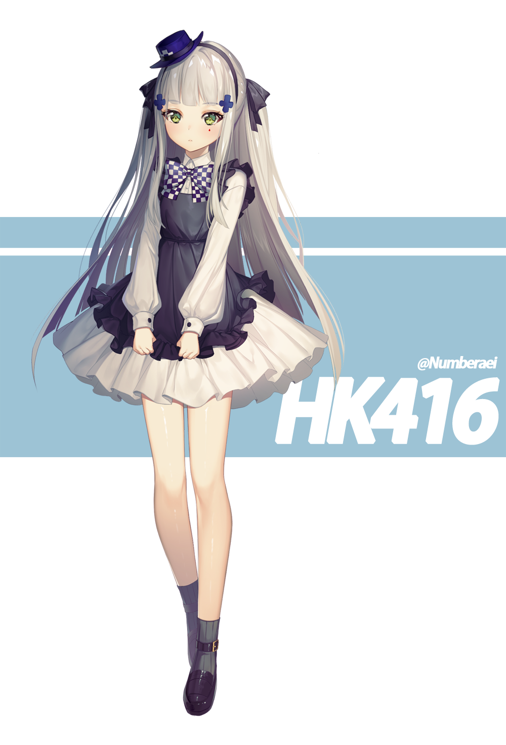 alternate_costume alternate_hairstyle bangs black_ribbon blue_background blue_hat blush bow bowtie character_name checkered checkered_neckwear closed_mouth commentary dress eyebrows_visible_through_hair facial_mark full_body girls_frontline green_eyes hair_ornament hair_ribbon hairband hat head_tilt highres hk416_(girls_frontline) light_particles loafers long_hair looking_at_viewer mini_hat no.aei puffy_sleeves purple_hat ribbed_legwear ribbon shoes sidelocks silver_hair skirt_hold socks solo standing teardrop thighs tilted_headwear twintails twitter_username younger