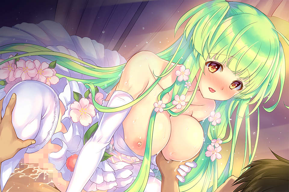 1girl breast_grab breasts censored cherry_blossoms city_forest_online dress flower flower_knight_girl game_cg girl_on_top grabbing green_hair hair_flower hair_ornament hetero large_breasts leg_grab long_hair looking_at_another mosaic_censoring nipples official_art penis sakuranbo_(flower_knight_girl) sex squatting thighhighs vaginal white_dress white_legwear yellow_eyes
