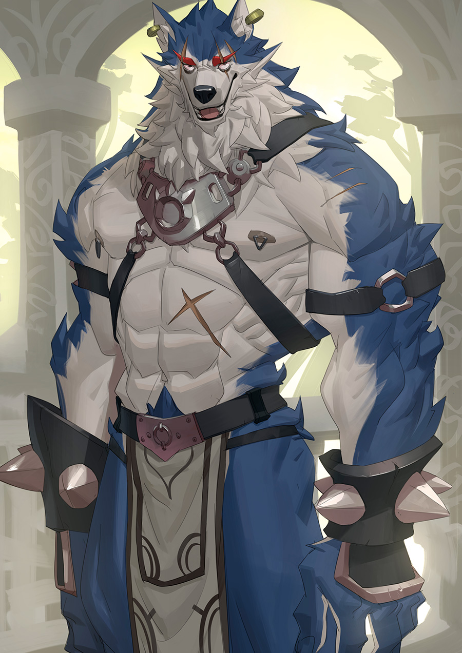 abs anthro armor bracers canine clothing ear_piercing harness loincloth male mammal muscular nesskain nipple_piercing nipples open_mouth piercing scar solo wolf