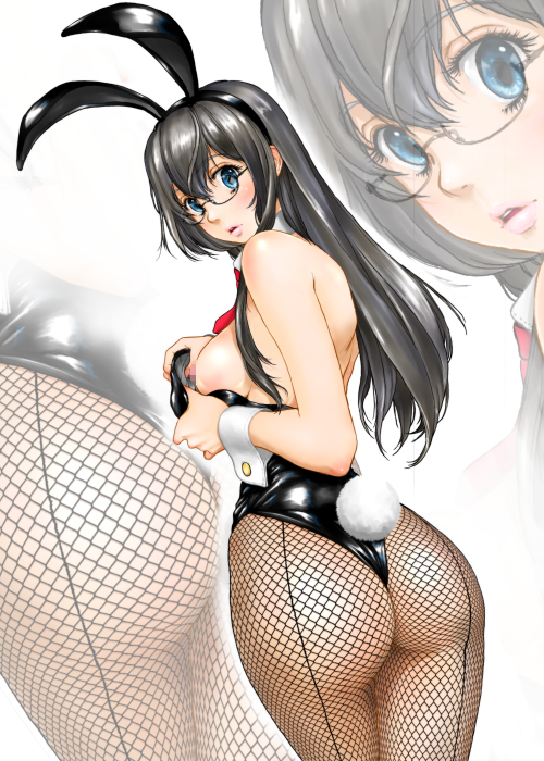 animal_ears ass back bangs bare_shoulders bespectacled black_hair black_legwear black_leotard blue_eyes bow bowtie breasts bunny_ears bunny_girl bunny_tail bunnysuit censored commentary detached_collar ears_visible_through_hair eyebrows_visible_through_hair eyelashes fake_animal_ears fishnet_legwear fishnet_pantyhose fishnets flashing from_behind glasses hair_between_eyes kantai_collection legs legs_together leotard leotard_pull long_hair looking_at_viewer looking_back medium_breasts mosaic_censoring ooyodo_(kantai_collection) open_mouth pantyhose parted_lips pink_lips pointless_censoring pulled_by_self semi-rimless_eyewear shinobu_(tyno) shiny shiny_skin shoulder_blades solo standing strapless strapless_leotard tail thighs under-rim_eyewear wrist_cuffs zoom_layer