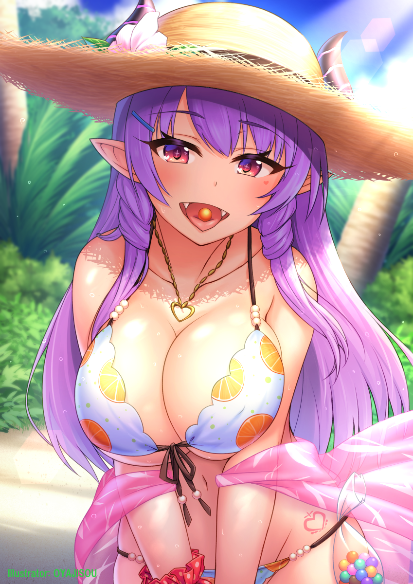 artist_name bangs beach bikini breasts cleavage cloud collarbone commentary_request day demon_girl eyebrows_visible_through_hair fangs hair_ornament hairclip hat heart heart_necklace highres horns_through_headwear jewelry large_breasts long_hair looking_at_viewer navel necklace open_mouth original outdoors oyaji-sou pointy_ears print_bikini purple_eyes purple_hair red_scrunchie sarong scrunchie sidelocks solo straw_hat sun_hat sunlight swimsuit tongue tongue_out very_long_hair wrist_scrunchie