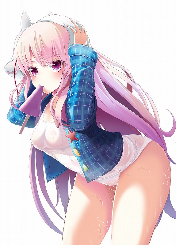 amisu ass bent_over blue_shirt blush breasts checkered checkered_shirt cleavage commentary_request cowboy_shot food food_in_mouth fox_mask hands_on_own_head hata_no_kokoro long_hair long_sleeves looking_at_viewer mask mask_on_head medium_breasts mouth_hold one-piece_swimsuit open_clothes open_shirt pink_eyes pink_hair popsicle shirt simple_background solo swimsuit thighs touhou towel towel_on_head very_long_hair wet wet_clothes wet_swimsuit white_background white_swimsuit