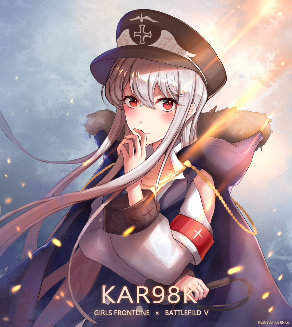 aiguillette arm_across_waist armband artist_name bangs battlefield_(series) battlefield_v belt black_hat blush breasts buckle character_name coat collarbone commentary_request cross_choker eyebrows_visible_through_hair floating_hair fur-trimmed_coat fur_trim girls_frontline hair_between_eyes hand_up hat holding_whip iron_cross jacket_on_shoulders kar98k_(girls_frontline) light_particles long_hair long_sleeves looking_at_viewer peaked_cap red_eyes shoulder_cutout sidelocks smile solo upper_body very_long_hair whip white_hair wind wind_lift yinyu_(nico)