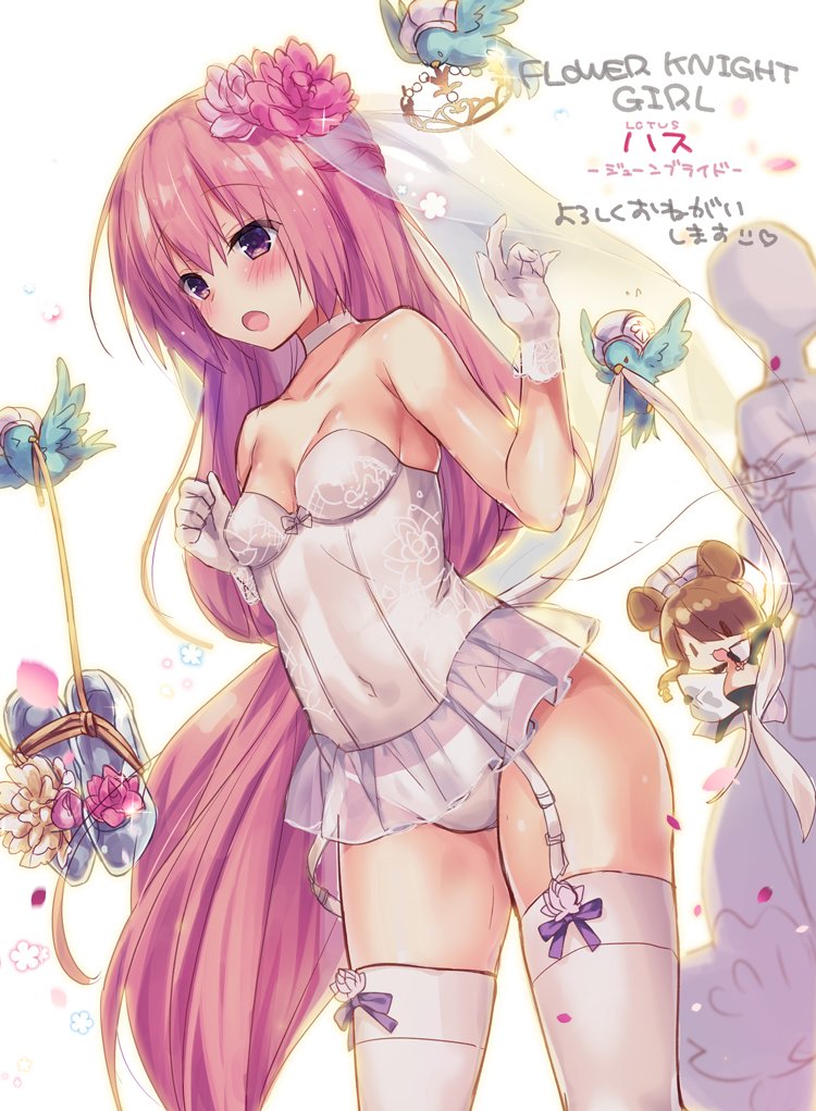 :o bare_shoulders bird blush bustier character_name choker cinderella commentary_request copyright_name covered_navel cowboy_shot crown flower flower_knight_girl glass_slipper gloves hair_flower hair_ornament hasu_(flower_knight_girl) long_hair mannequin morinaga_kobato mouse open_mouth panties parody pink_hair purple_eyes simple_background solo thigh_strap thighhighs underwear veil white_background white_gloves white_legwear white_neckwear white_panties