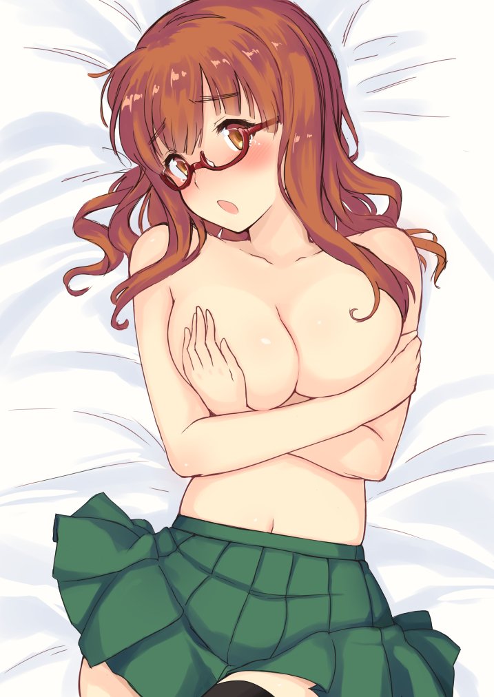 bangs bed_sheet black_legwear blunt_bangs blush breasts commentary_request covering covering_breasts crossed_arms embarrassed eyebrows_visible_through_hair from_above frown girls_und_panzer glasses green_skirt head_tilt large_breasts long_hair looking_at_viewer lying miniskirt navel on_back on_bed ooarai_school_uniform open_mouth orange_eyes orange_hair pleated_skirt red-framed_eyewear semi-rimless_eyewear skirt solo takebe_saori thighhighs topless under-rim_eyewear uro