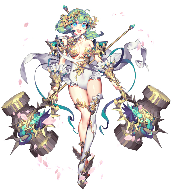 :d ahoge bangs bare_shoulders blue_eyes breasts cape cherry_blossoms claw_ring cleavage collarbone covered_navel crossed_legs daphnis destiny_child dual_wielding fang frilled_gauntlets frilled_legwear frilled_leotard frills full_body green_hair hair_between_eyes hammer head_wreath holding holding_hammer holding_weapon leotard looking_at_viewer medium_breasts open_mouth ornament petals pika_(kai9464) shoes short_hair simple_background single_thighhigh smile solo spikes standing thighhighs watson_cross weapon white_background white_cape white_legwear white_leotard winged_shoes wings
