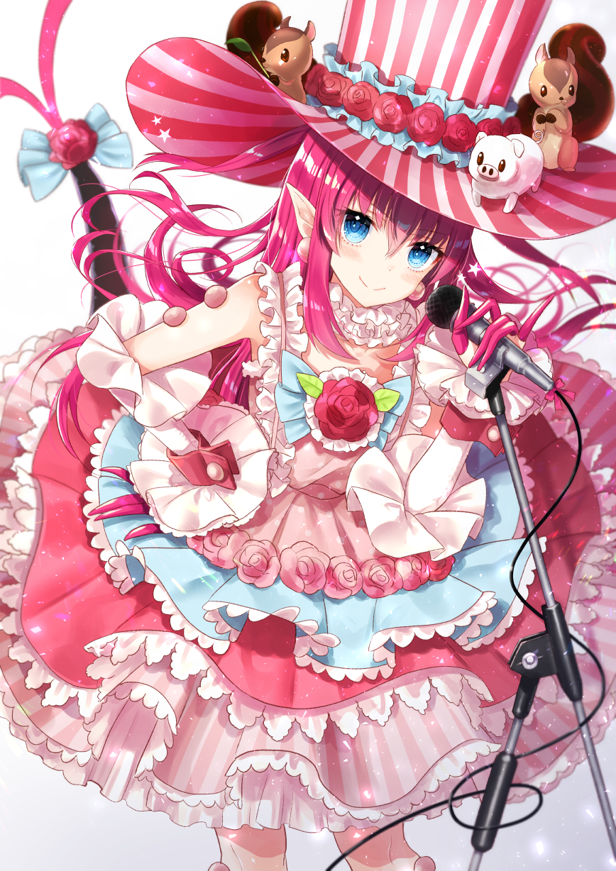 bad_id bad_pixiv_id bangs blue_eyes blue_ribbon blurry blush cable choker closed_mouth commentary_request depth_of_field detached_sleeves dragon_girl dragon_tail dress earrings elizabeth_bathory_(fate) elizabeth_bathory_(fate)_(all) eyebrows_visible_through_hair fate_(series) floating_hair flower frilled_choker frilled_dress frills gradient gradient_background hair_between_eyes hand_on_hip hat head_tilt highres holding holding_microphone jewelry layered_dress light_particles long_hair long_sleeves looking_at_viewer microphone microphone_stand multicolored multicolored_clothes multicolored_dress nunucco pig pink_dress pink_flower pink_hair pink_hat pink_rose pointy_ears polka_dot polka_dot_dress ribbon rose shiny shiny_hair sidelocks sleeveless sleeveless_dress smile solo squirrel standing star striped striped_hat tail tail_flower top_hat vertical-striped_dress vertical-striped_hat vertical_stripes very_long_hair white_background white_choker
