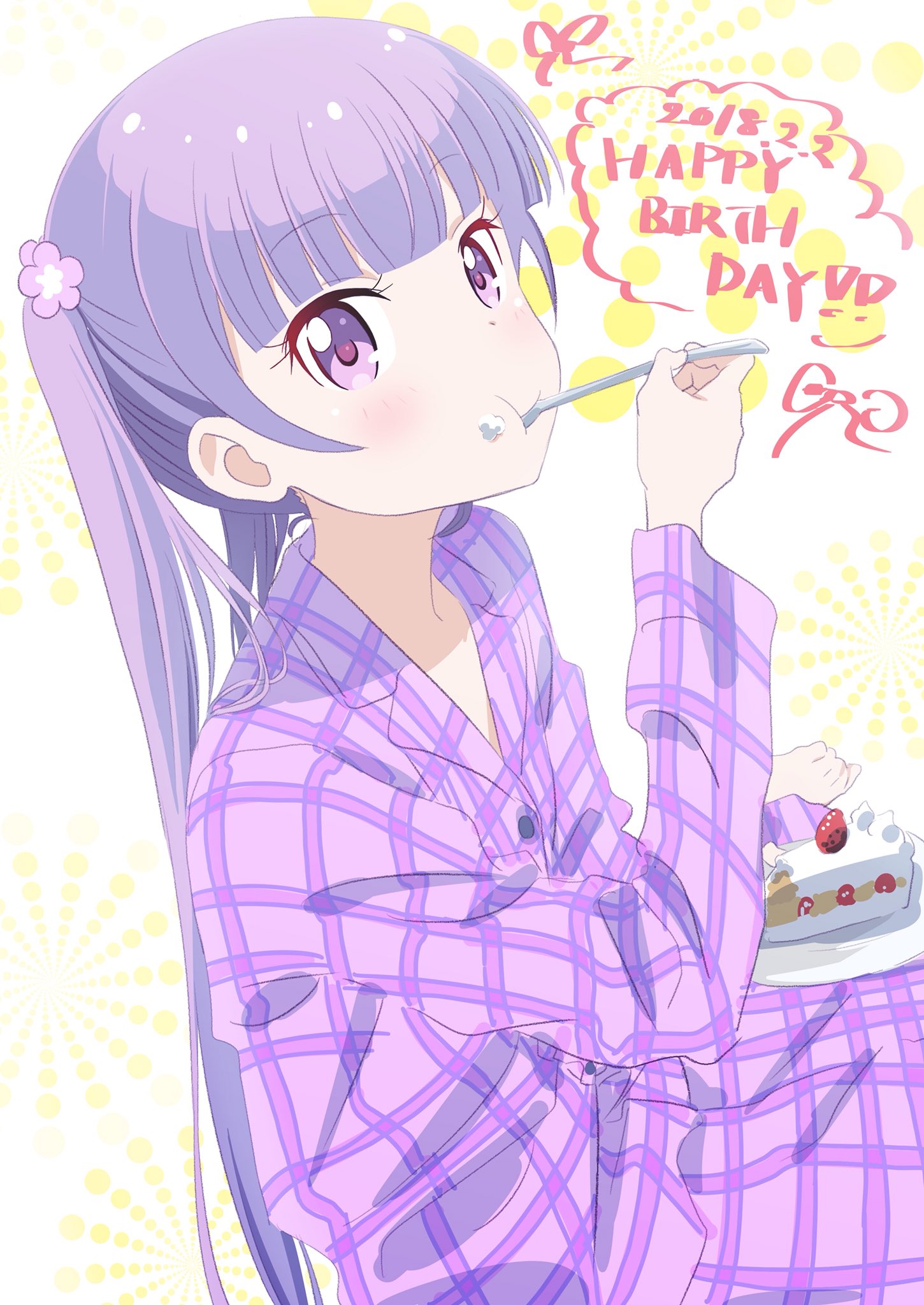 bangs blunt_bangs blush commentary_request dated eating flower food food_on_face fruit hair_flower hair_ornament happy highres holding long_sleeves new_game! pajamas pink_flower pink_x purple_eyes purple_hair solo strawberry strawberry_shortcake suzukaze_aoba twintails