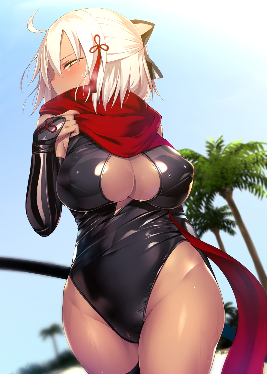 ahoge black_legwear blue_sky blush breasts breath bridal_gauntlets cleavage cleavage_cutout commentary_request cowboy_shot dark_skin day fate/grand_order fate_(series) hair_ornament half-closed_eyes half_updo highres leotard looking_at_viewer okita_souji_(alter)_(fate) okita_souji_(fate)_(all) outdoors palm_tree profile red_scarf satou_kuuki scarf shiny shiny_clothes short_hair single_thighhigh sky solo sweat tassel thighhighs tree white_hair yellow_eyes