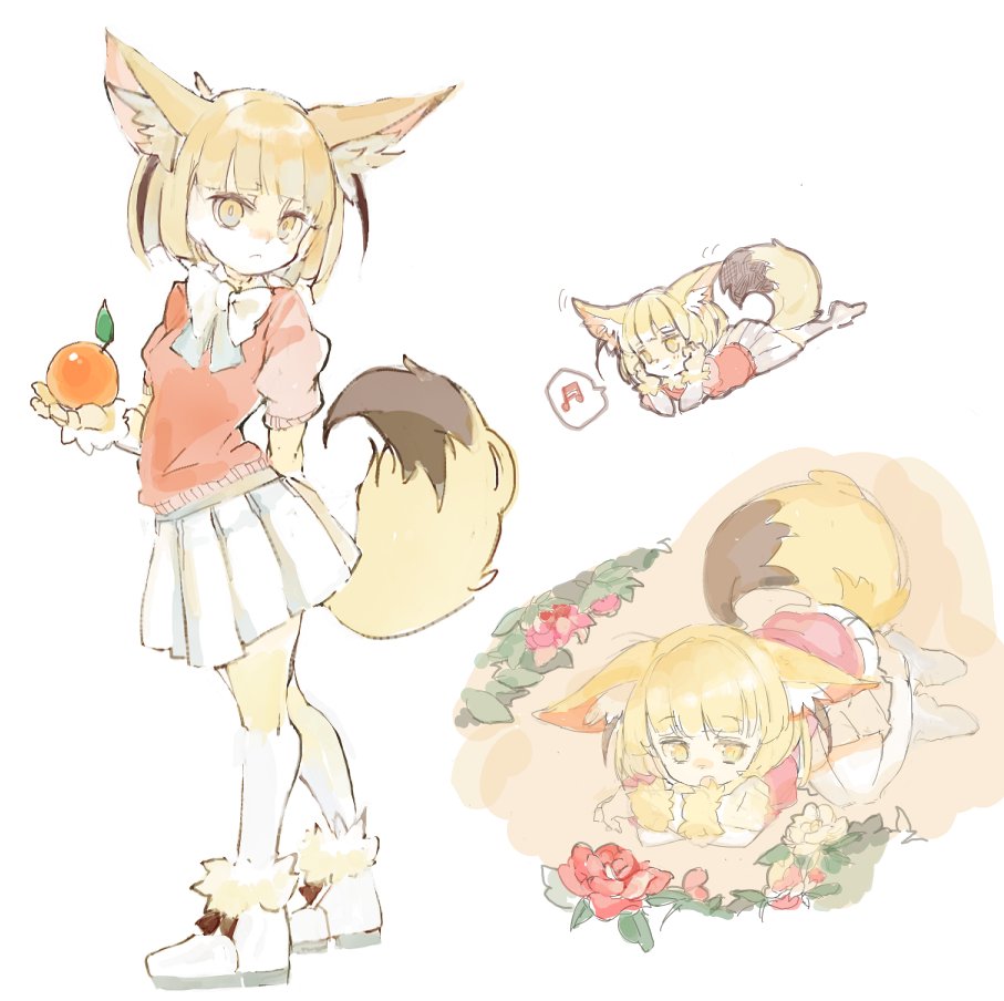 animal_ear_fluff animal_ears blonde_hair bow bowtie commentary_request elbow_gloves fennec_(kemono_friends) flower food fox_ears fox_tail fruit full_body fur_collar fur_trim gloves kemono_friends konabetate lying multiple_views musical_note on_stomach orange pale_color pleated_skirt puffy_short_sleeves puffy_sleeves short_hair short_sleeves simple_background skirt standing tail thighhighs white_background