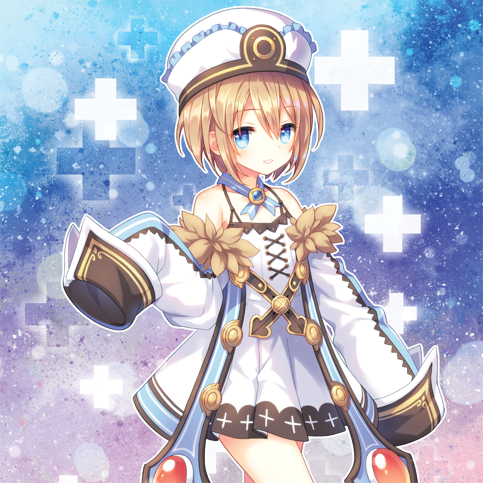 1girl bare_shoulders blanc blue_eyes brown_hair choujigen_game_neptune coat commentary cowboy_shot detached_sleeves dress fur_trim hat looking_at_viewer narinn neptune_(series) outline short_dress short_hair sleeves_past_fingers sleeves_past_wrists smile solo white_outline