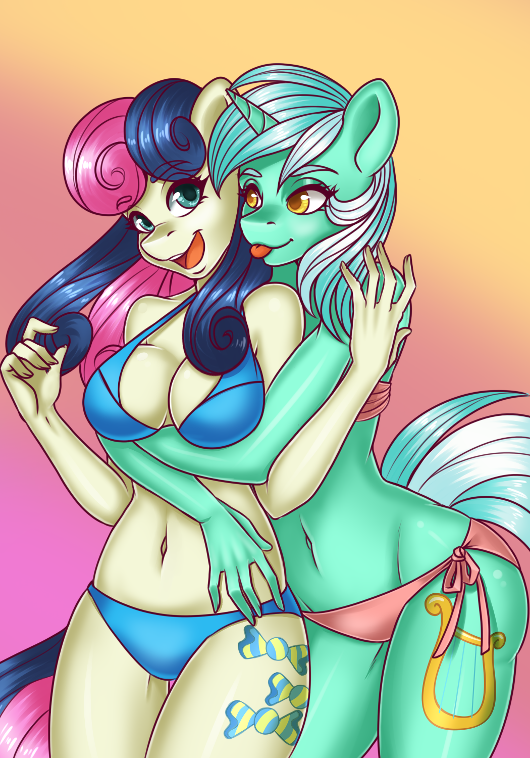 2017 5_fingers anthro bikini blep bonbon_(mlp) bra breasts bumblebun cleavage clothed clothing cute cutie_mark duo earth_pony equine eyebrows eyebrows_visible_through_hair eyelashes female female/female friendship_is_magic fully_clothed gradient_background green_hair hair happy hi_res horn horse hug lyra_heartstrings_(mlp) mammal multicolored_hair my_little_pony navel open_mouth open_smile panties pink_hair pony portrait simple_background smile standing swimsuit teal_eyes teeth thick_thighs three-quarter_portrait tongue tongue_out two_tone_hair underwear unicorn yellow_eyes