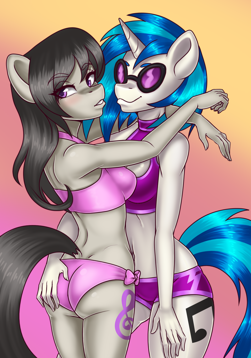 2017 5_fingers anthro bikini black_hair blue_hair blush bow bra breasts bumblebun butt butt_grab clothed clothing cutie_mark dock duo earth_pony embrace equine eyebrows eyebrows_visible_through_hair eyelashes eyewear female female/female friendship_is_magic fully_clothed gradient_background grope hair half-closed_eyes hand_on_butt hi_res horn horse long_hair looking_back mammal multicolored_hair my_little_pony navel octavia_(mlp) pony portrait purple_eyes short_hair shorts simple_background smile standing sunglasses swimsuit teeth thick_thighs three-quarter_portrait two_tone_hair underwear unicorn vinyl_scratch_(mlp)