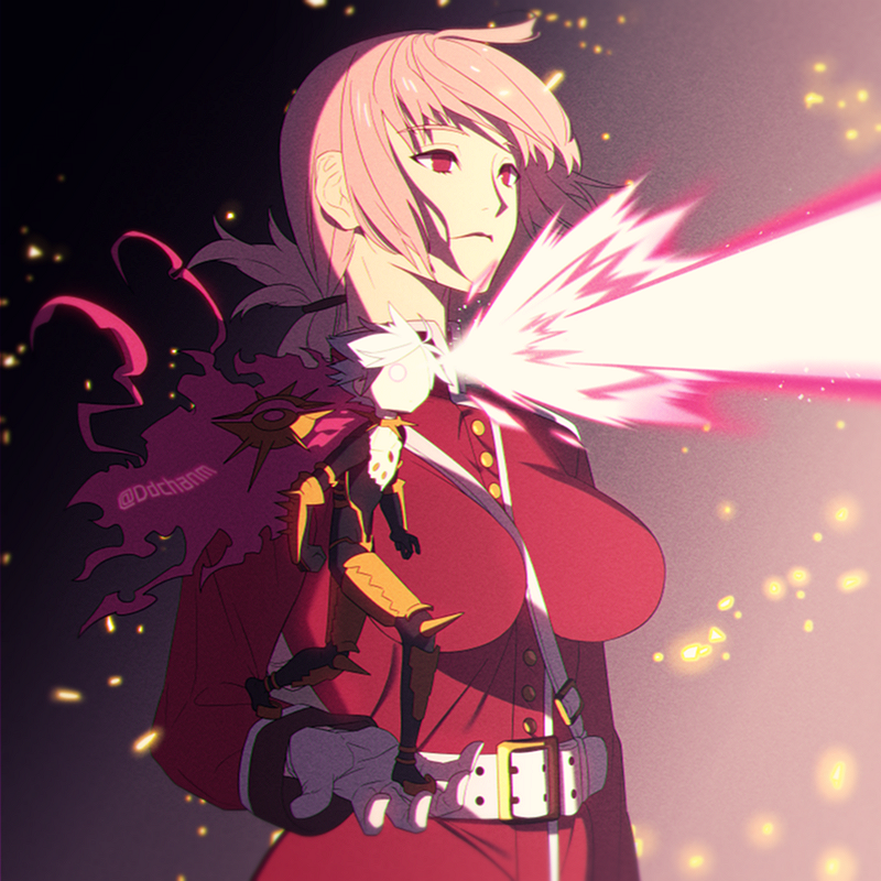 1girl beam belt between_breasts braid breasts coat commentary dd_(vktr4837) embers expressionless eye_beam fate/grand_order fate_(series) florence_nightingale_(fate/grand_order) gloves karna_(fate) miniboy mundane_utility pink_hair red_coat twitter_username white_gloves white_hair