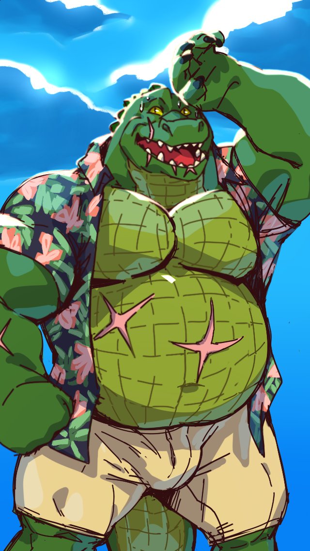 2018 5_fingers alligator anthro belly biceps bulge clothed clothing cloud crocodilian facial_scar floral_shirt male muscular muscular_male navel open_mouth open_shirt overweight overweight_male pecs reptile scalie scar short sky solo taoren