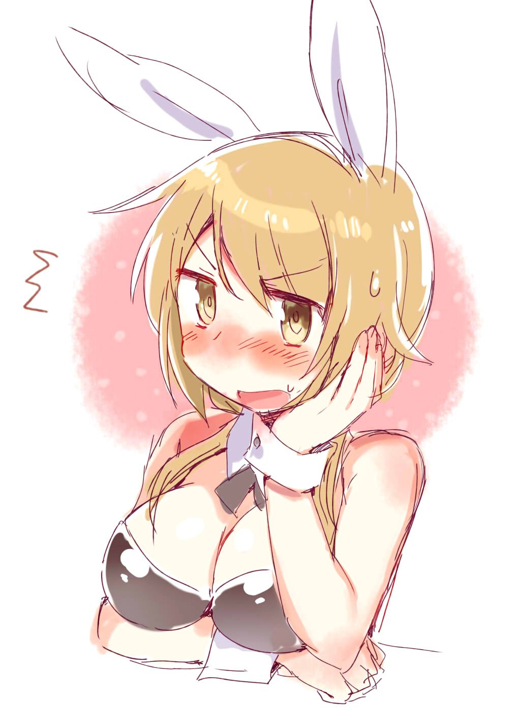 angry animal_ears arm_under_breasts blonde_hair blush bow bowtie breast_hold breasts bunny_ears bunnysuit detached_collar eyebrows_visible_through_hair fake_animal_ears hair_over_shoulder hand_on_head highres ichii_yui low_twintails open_mouth short_hair simple_background solo sweatdrop tatsunokosso twintails upper_body wrist_cuffs yellow_eyes yuyushiki