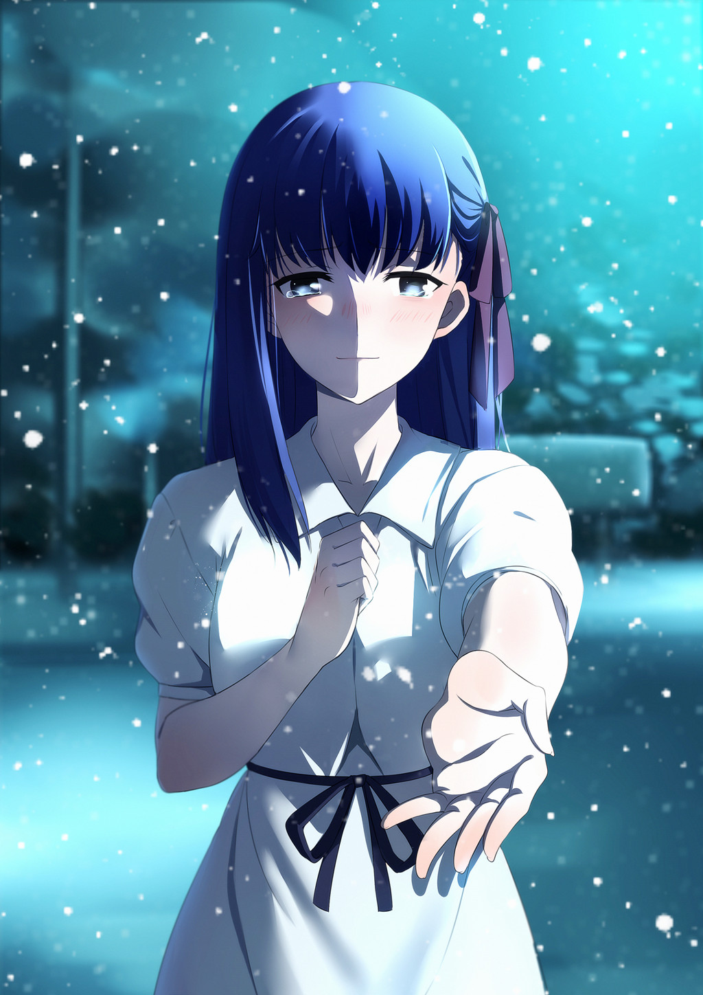 bangs blush closed_mouth commentary dress fate/stay_night fate_(series) hair_ribbon heaven's_feel highres long_dress looking_at_viewer matou_sakura outstretched_arm outstretched_hand purple_eyes purple_hair red_ribbon ribbon short_hair smile snow snowing solo tears upper_body white_dress yaoshi_jun