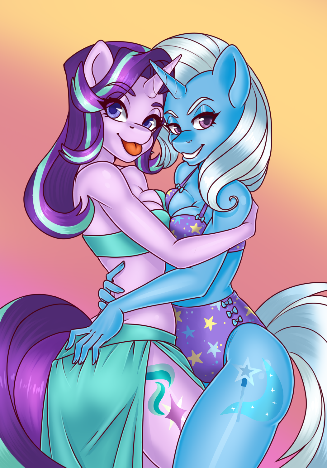2017 5_fingers anthro bikini blep blue_hair breast_squish breasts breasts_frottage bumblebun butt butt_grab cleavage clothed clothing cute cutie_mark duo embrace equine eyebrows eyelashes female female/female friendship_is_magic fully_clothed gradient_background grin hair hand_on_butt hi_res horn looking_at_viewer mammal midriff multicolored_hair my_little_pony portrait purple_eyes purple_hair simple_background smile standing star starlight_glimmer_(mlp) swimsuit teeth thick_thighs three-quarter_portrait tongue tongue_out trixie_(mlp) two_tone_hair unicorn