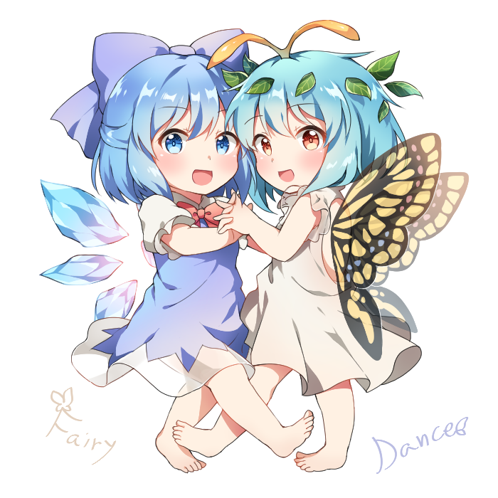 :d barefoot blue_bow blue_dress blue_hair blush bow butterfly_wings caramell0501 cirno dress eternity_larva eyebrows_visible_through_hair full_body hair_bow ice ice_wings looking_at_viewer multiple_girls open_mouth red_eyes short_hair simple_background smile touhou white_background white_dress wings younger