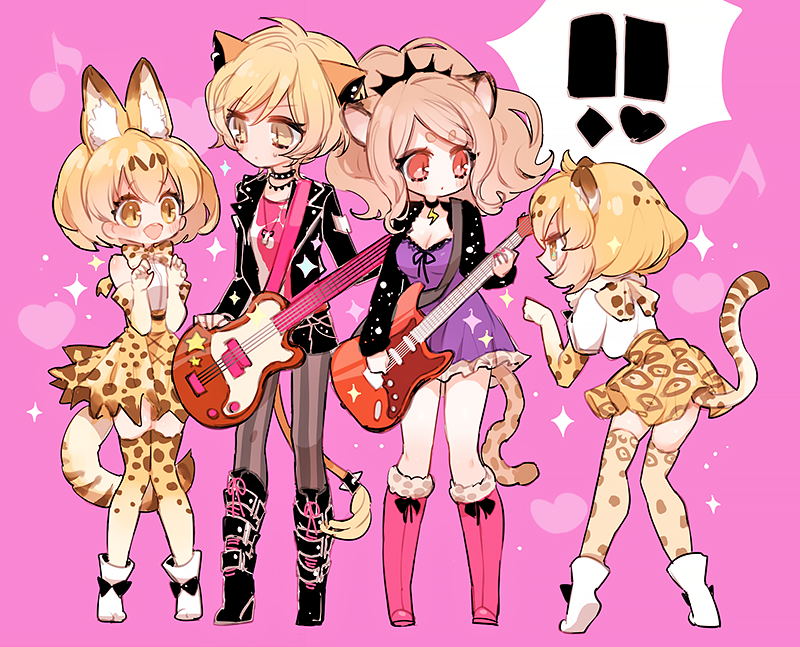 4girls :d animal_ears big_hair black_choker black_footwear black_jacket blonde_hair boots bow bowtie cheety_(show_by_rock!!) chino_machiko choker crossover elbow_gloves gloves guitar heart high-waist_skirt holding holding_instrument instrument jacket jaguar_(kemono_friends) kemono_friends laina_(show_by_rock!!) long_sleeves multiple_girls musical_note open_mouth orange_skirt pantyhose paw_pose pink_background pink_footwear pink_shirt serval_(kemono_friends) serval_ears serval_print serval_tail shirt shoes short_hair short_sleeves show_by_rock!! skirt smile sparkle standing striped striped_legwear tail thighhighs white_footwear zettai_ryouiki
