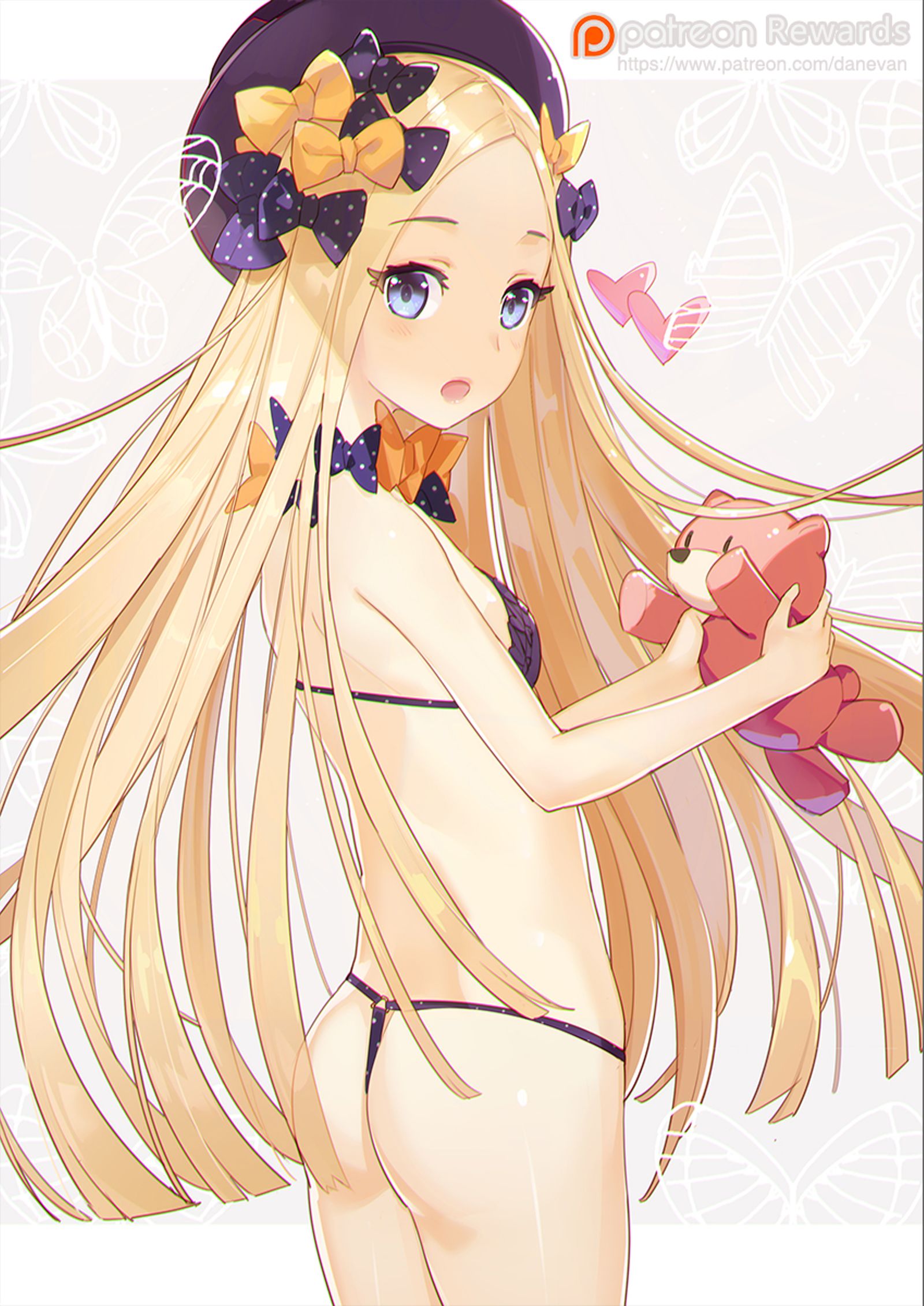 :o abigail_williams_(fate/grand_order) ass bare_arms bare_shoulders bikini blonde_hair blue_eyes bow breasts bug butterfly cowboy_shot el-zheng eyebrows_visible_through_hair eyelashes fate/grand_order fate_(series) from_behind g-string grey_background hair_bow hat heart highres holding holding_stuffed_animal insect long_hair looking_at_viewer looking_back orange_bow paid_reward patreon_reward patreon_username pink_lips polka_dot polka_dot_bow purple_bikini purple_bow small_breasts solo standing stuffed_animal stuffed_toy swimsuit teddy_bear thong thong_bikini very_long_hair