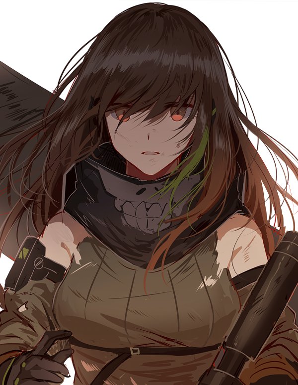 black_gloves black_hair black_ribbon commentary_request dress floating_hair girls_frontline gloves green_dress green_eyes green_hair green_sweater gun looking_at_viewer m4_carbine m4a1_(girls_frontline) ribbon rifle silence_girl sweater sweater_vest weapon