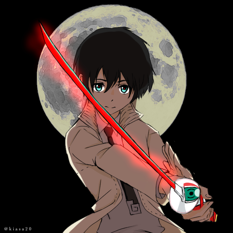 bad_id bad_pixiv_id bangs black_hair blue_eyes collared_shirt commentary_request darling_in_the_franxx grey_shirt hiro_(darling_in_the_franxx) holding holding_sword holding_weapon jacket kiasa20 looking_at_viewer male_focus moon necktie objectification open_clothes open_jacket parody shirt signature solo soul_eater sword weapon white_jacket white_neckwear wing_collar zero_two_(darling_in_the_franxx)