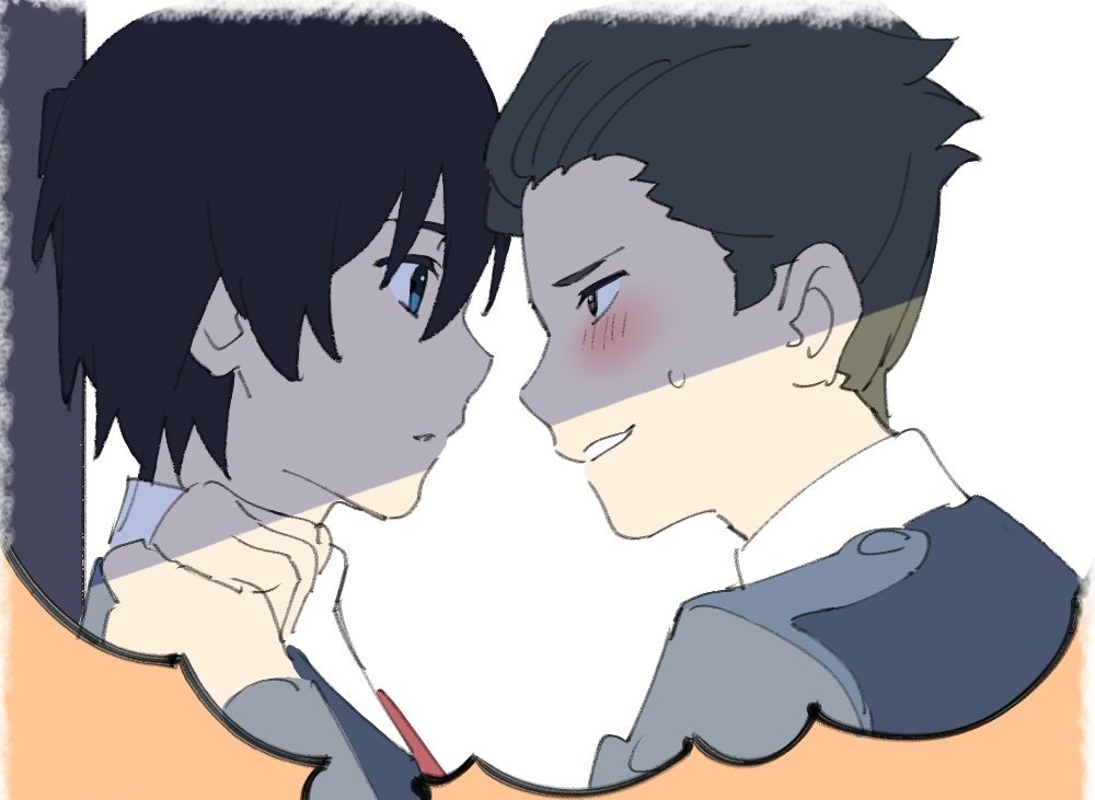 2boys black_hair blue_eyes blush brown_hair darling_in_the_franxx face-to-face facing_another forehead-to-forehead hand_holding hiro_(darling_in_the_franxx) long_sleeves looking_at_another male_focus military military_uniform mitsuru_(darling_in_the_franxx) multiple_boys necktie red_neckwear short_hair sweat uniform